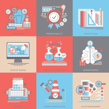 Tasarım. Düz, vektör simgeler kümesi. Kavram. Seth grafik tasarım, beyin fırtınası ve diğerleri gibi simgeleri içerir.