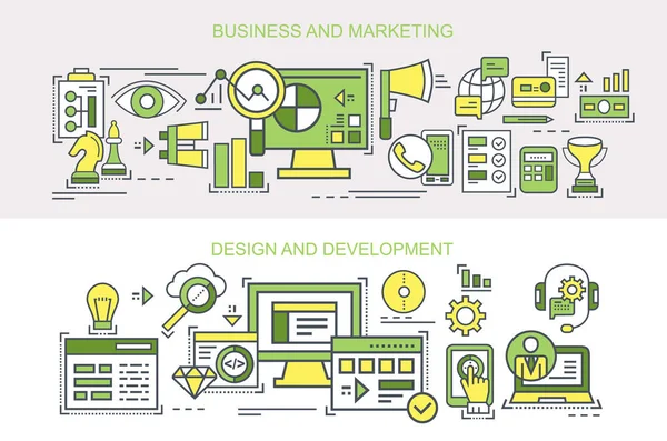 Banner Affärs Och Marknadsstrategi Design Och Utveckling Konceptet — Stock vektor