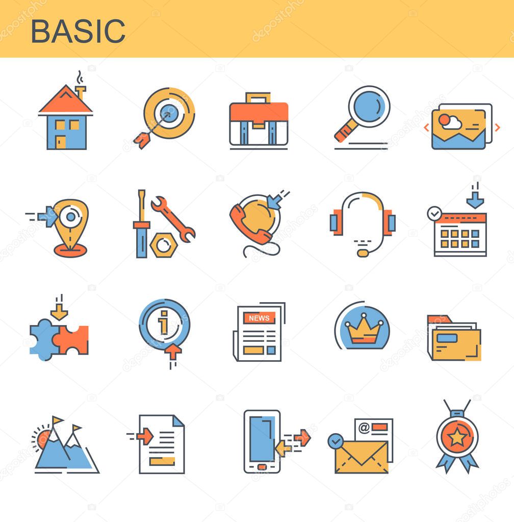 Basic. Set of vector, linear, flat icons. Seth contains icons such as news, gallery, portfolio and others. Concept.
