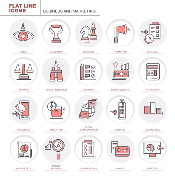 Negócios Marketing Conjunto Ícones Vetoriais Planos Lineares Conceito — Vetor de Stock