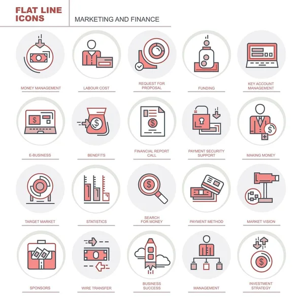 Marketing Finanzas Conjunto Planos Vectores Iconos Lineales Concepto — Archivo Imágenes Vectoriales