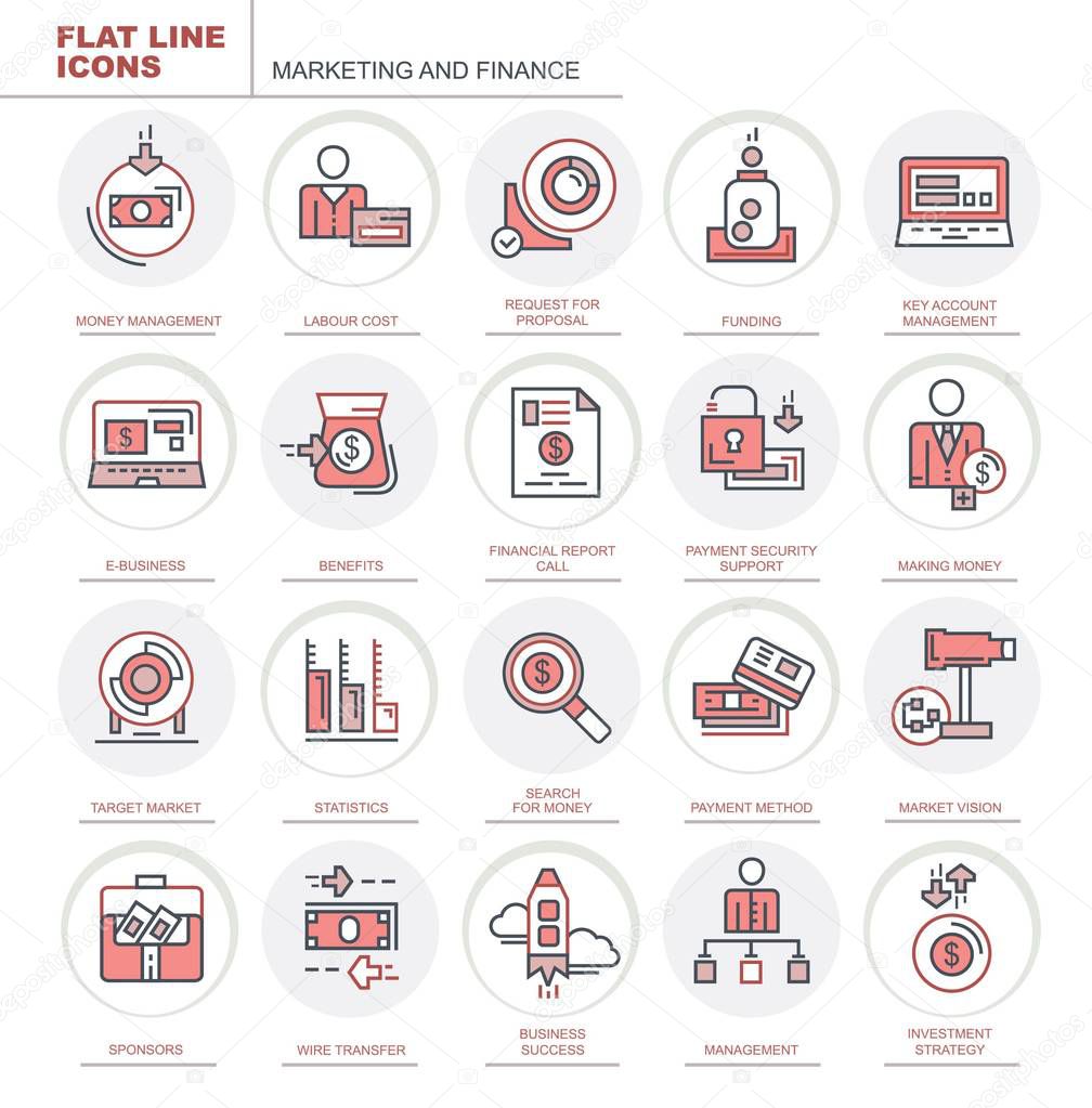 Marketing and finance. Set of flat, vector, linear icons. Concept.