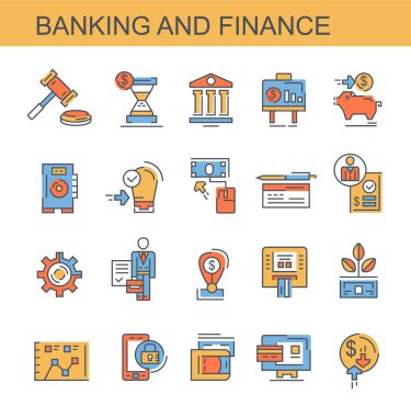 Bankacılık ve Finans. Düz, vektör simgeler kümesi. Bir banka, finansal plan ve diğerleri gibi simgeleri içerir.