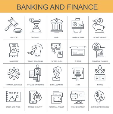 Bankacılık ve Finans. Düz, vektör simgeler kümesi. Bir banka, finansal plan ve diğerleri gibi simgeleri içerir.