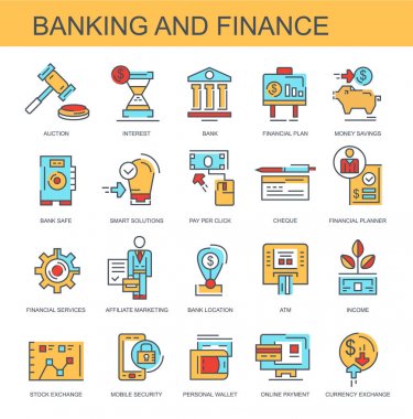 Bankacılık ve Finans. Düz, vektör simgeler kümesi. Bir banka, finansal plan ve diğerleri gibi simgeleri içerir.