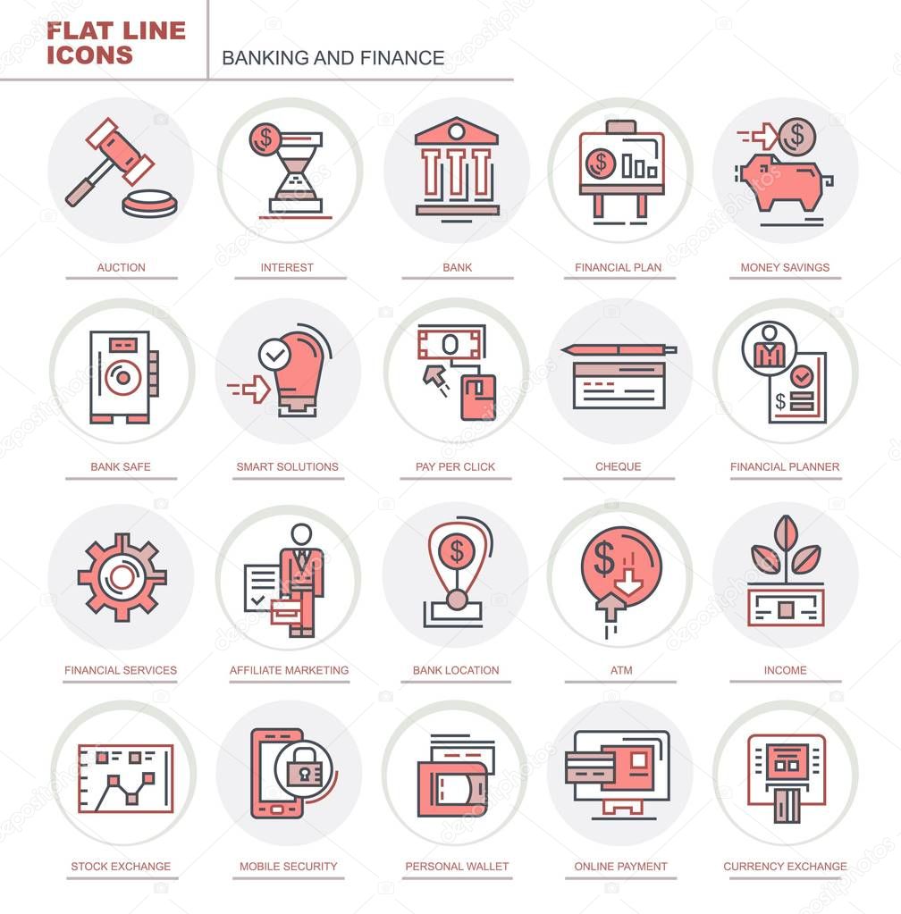 Banking and finance. Set of flat, vector icons. Set contains icons such as a bank, financial plan and others.