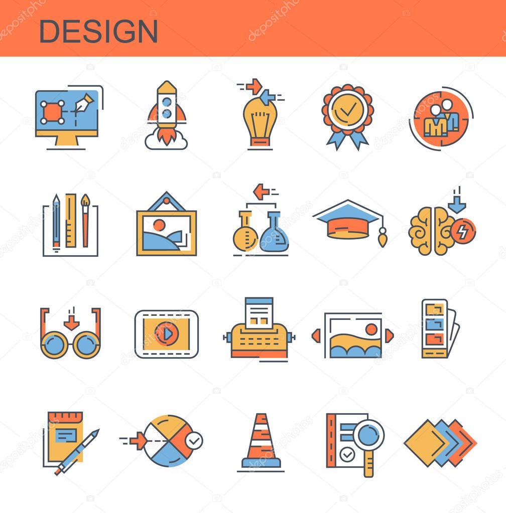 Design. Set of flat, vector, linear icons. Set contains icons such as graphic design, education and others.