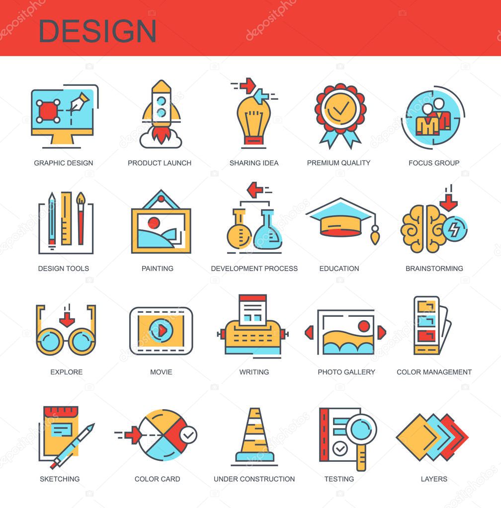 Design. Set of flat, vector, linear icons. Set contains icons such as graphic design, education and others.