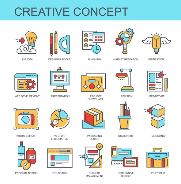 Concepto Creativo Conjunto Planos Vectores Iconos Lineales Concepto Seth Contiene — Vector de stock