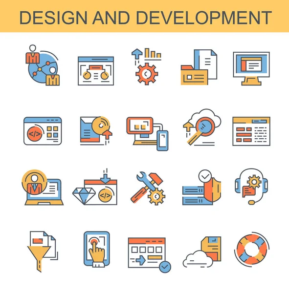 Diseño Desarrollo Conjunto Iconos Vectoriales Planos Conjunto Contiene Iconos Como — Vector de stock