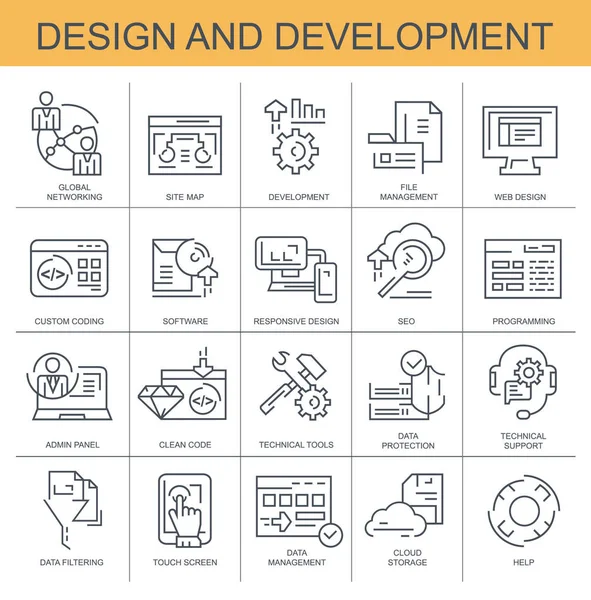 Diseño Desarrollo Conjunto Iconos Vectoriales Planos Conjunto Contiene Iconos Como — Vector de stock