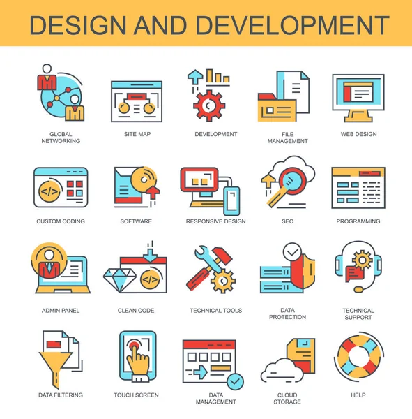 Diseño Desarrollo Conjunto Iconos Vectoriales Planos Conjunto Contiene Iconos Como — Vector de stock