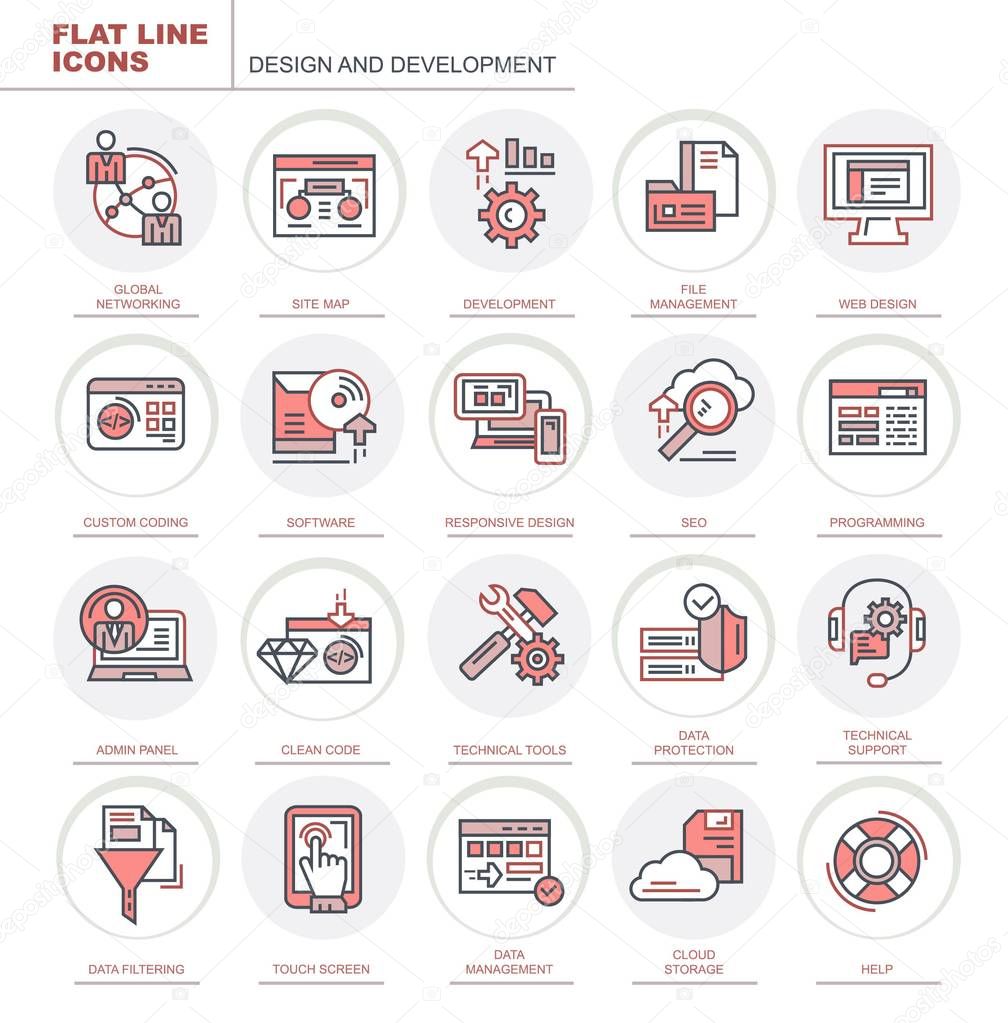 Design and development. Set of flat vector icons. The set contains icons such as web design, site map and others.