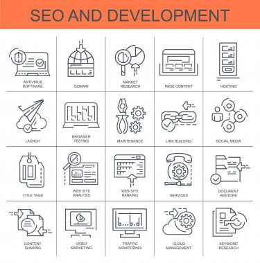 SEO ve geliştirme. Düz, vektör simgeler kümesi. Set hosting, etki alanı ve diğerleri gibi simgeler içerir.