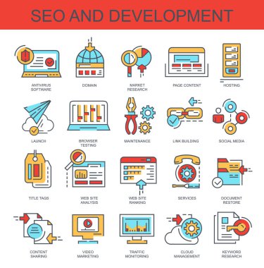 SEO ve geliştirme. Düz, vektör simgeler kümesi. Set hosting, etki alanı ve diğerleri gibi simgeler içerir.