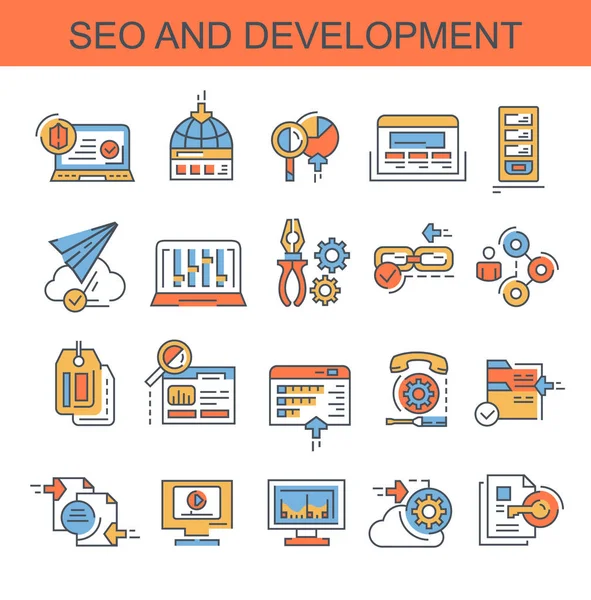 SEO ve geliştirme. Düz, vektör simgeler kümesi. Set hosting, etki alanı ve diğerleri gibi simgeler içerir.