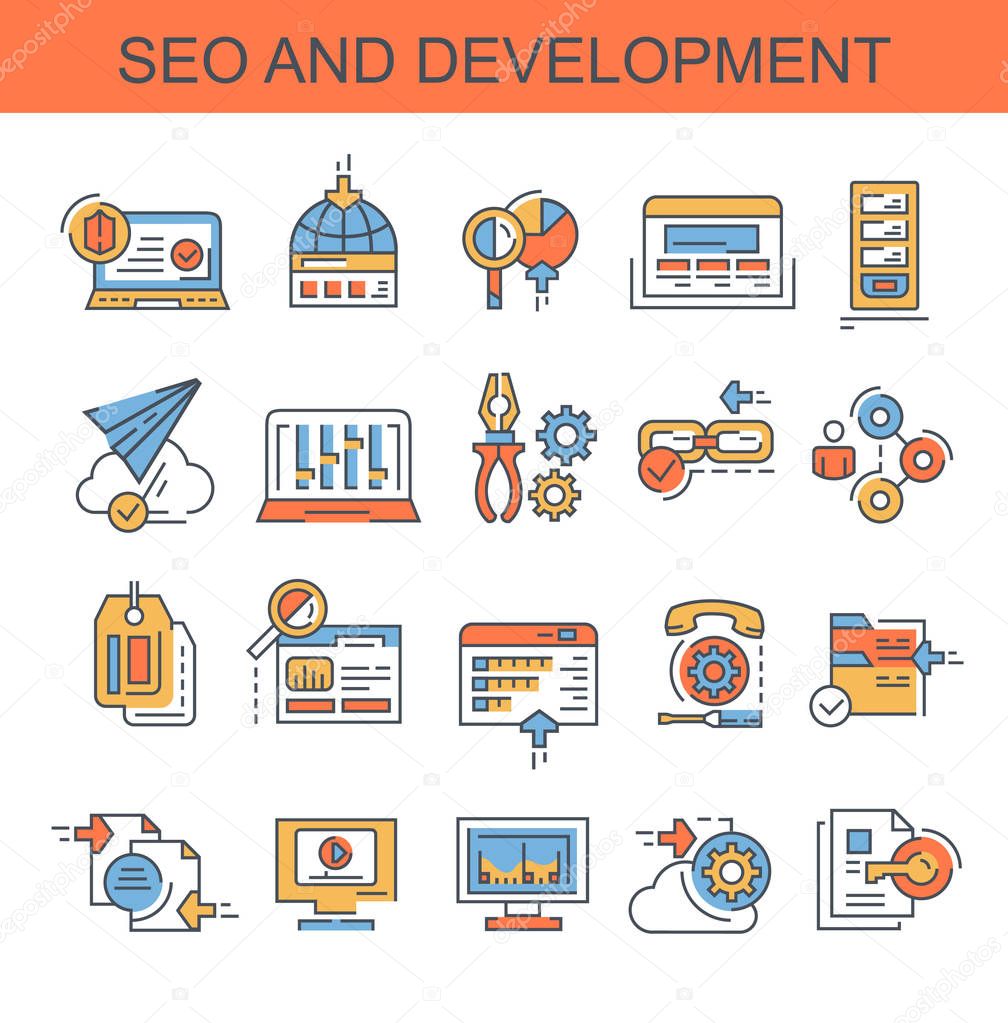 Seo and development. Set of flat, vector icons. Set contains such icons as hosting, domain and others.