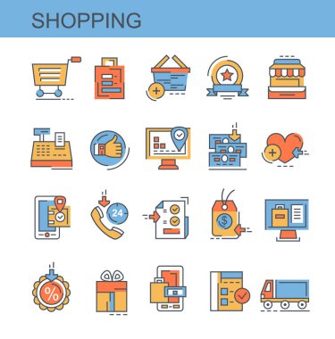 Alışveriş. Vektör kümesi, düz, doğrusal simgeler. Bu simgeleri olarak online satın alma, indirim belirledi.