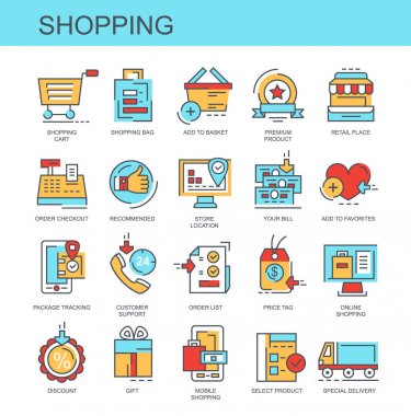 Alışveriş. Vektör kümesi, düz, doğrusal simgeler. Bu simgeleri olarak online satın alma, indirim belirledi.