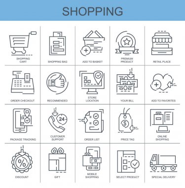 Alışveriş. Vektör kümesi, düz, doğrusal simgeler. Bu simgeleri olarak online satın alma, indirim belirledi.