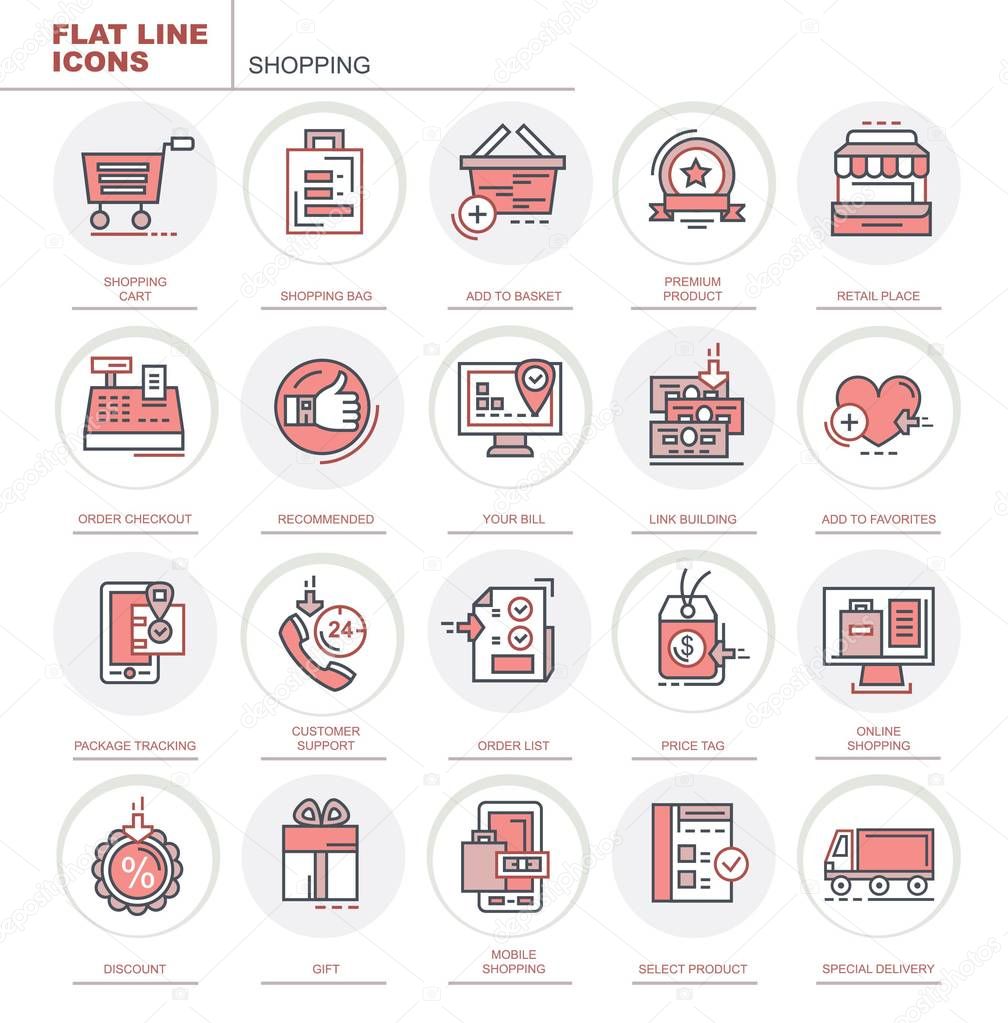 Shopping. Set of vector, flat, linear icons. Set has such icons as online purchase, discount.