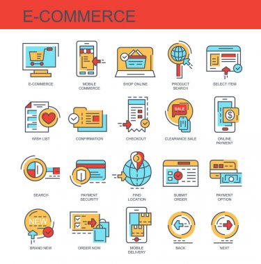 Ticaret. Vektör kümesi, düz, doğrusal simgeler. Set online mağaza, mobil teslimat olarak böyle simgeler içerir.