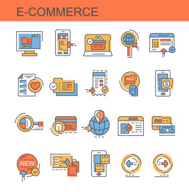 Ticaret. Vektör kümesi, düz, doğrusal simgeler. Set online mağaza, mobil teslimat olarak böyle simgeler içerir.