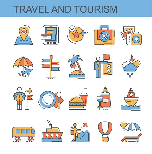 Viajes Turismo Conjunto Planos Vectores Iconos Lineales Conjunto Contiene Iconos — Archivo Imágenes Vectoriales