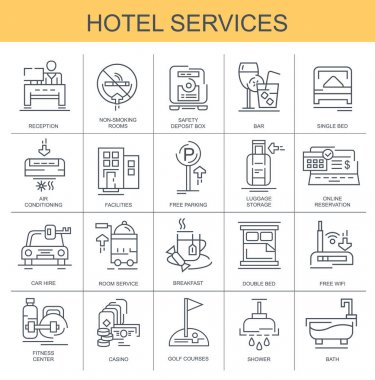 Otel Servisi. Düz, vektör, doğrusal simgeler kümesi. Set retsepshen, Oda Servisi ve diğerleri gibi simgeler içerir.