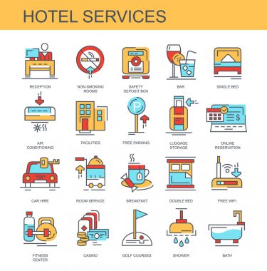 Otel Servisi. Düz, vektör, doğrusal simgeler kümesi. Set retsepshen, Oda Servisi ve diğerleri gibi simgeler içerir.