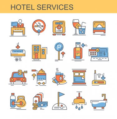 Otel Servisi. Düz, vektör, doğrusal simgeler kümesi. Set retsepshen, Oda Servisi ve diğerleri gibi simgeler içerir.