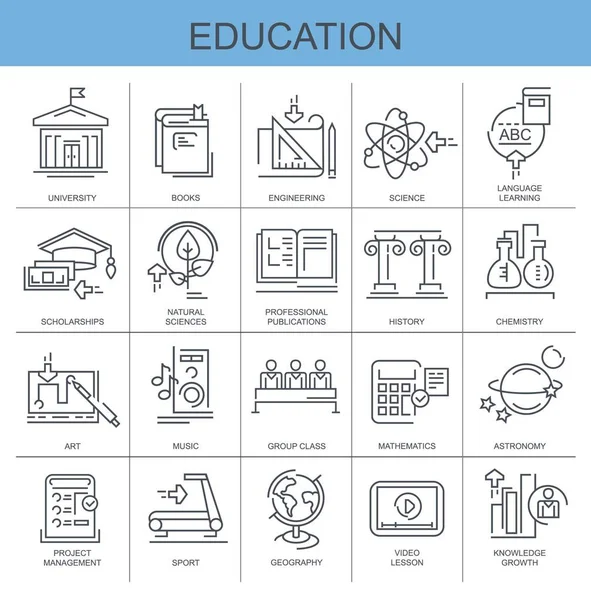 Educación Conjunto Planos Vectores Iconos Lineales Conjunto Contiene Iconos Como — Vector de stock