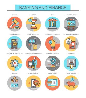 Bankacılık ve Finans. Vektör, düz, düz Icons set. Set online ödeme, banka ve diğer simgeler gibi simgeler içerir.