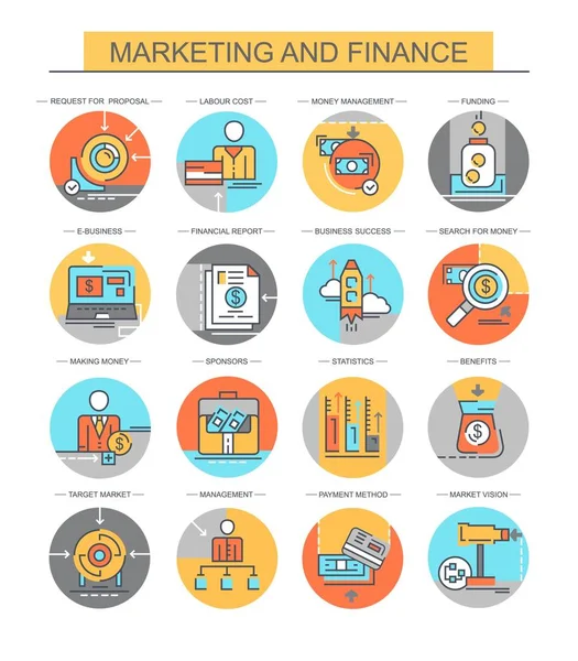 Marketing Finanzas Conjunto Vectores Planos Planos Iconos Conjunto Contiene Iconos — Archivo Imágenes Vectoriales