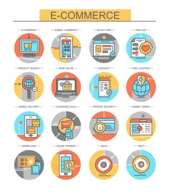 E-ticaret. Düz, vektör, doğrusal simgeler kümesi. Online alış-veriş, mobil ticaret ve diğerleri gibi simgeleri içerir.