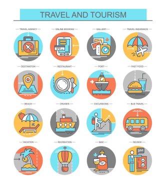 Seyahat ve Turizm. Düz, vektör, doğrusal simgeler kümesi. Beach, port, tatil ve diğer gibi simgeleri içerir.