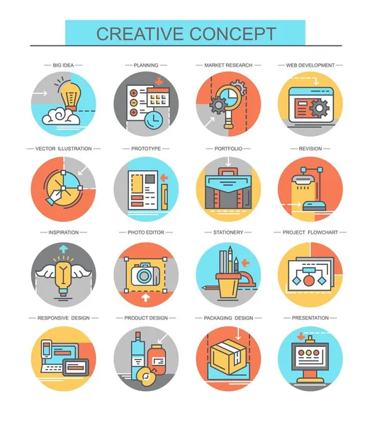 Conceito Criativo Conjunto Ícones Planas Vetoriais Lineares Conjunto Contém Ícones —  Vetores de Stock