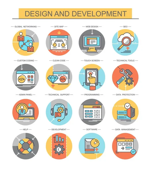 Design Desenvolvimento Conjunto Ícones Planas Vetoriais Lineares Conjunto Contém Ícones —  Vetores de Stock