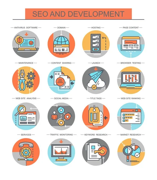 SEO ve geliştirme. Düz, vektör, doğrusal simgeler kümesi. Set hosting, etki alanı ve diğerleri gibi simgeler içerir.