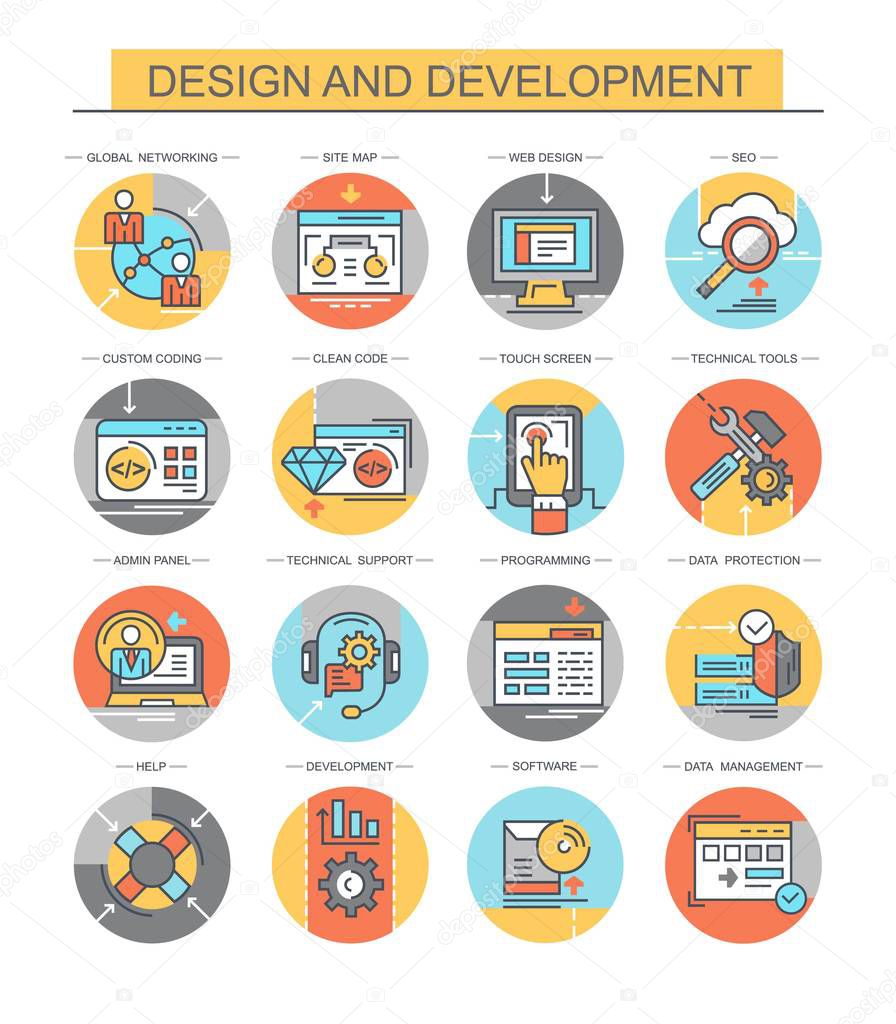 Design and development. Set of flat, vector, linear icons. Set contains icons such as seo, sitemap and others.