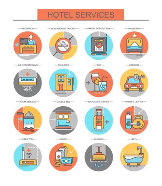Otel hizmetleri. Düz, vektör, düz, doğrusal simgeler kümesi. Resepsiyon, bar ve diğerleri gibi simgeleri içerir.