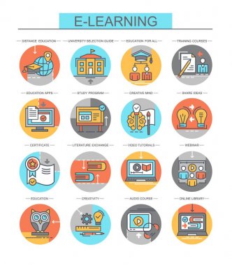 E-öğrenme. Düz, vektör, düz, doğrusal simgeler kümesi. Eğitim, sertifika ve diğer gibi simgeleri içerir.