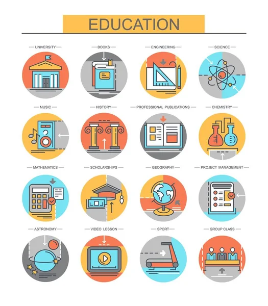 Eğitim. Düz, vektör, düz, doğrusal simgeler kümesi. Üniversitesi, kitaplar ve diğerleri gibi simgeleri içerir.