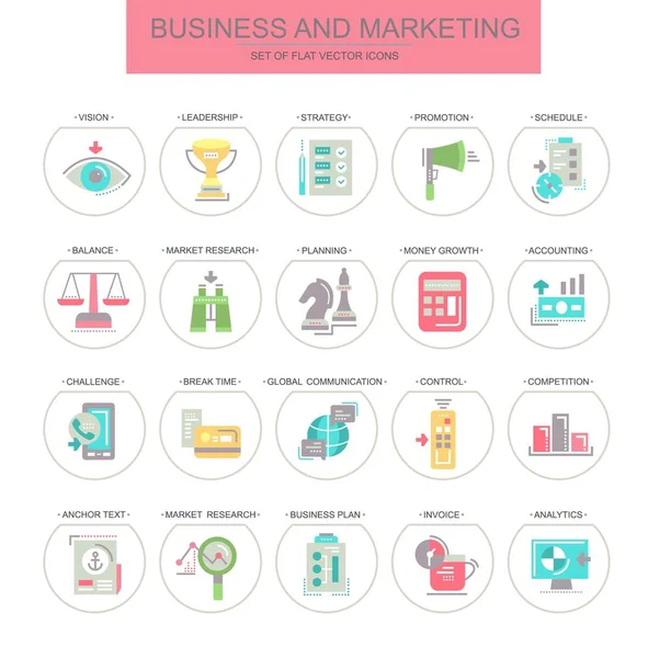 Business Marketing Set Vector Icons Set Consists Icons Strategy Planning — Stock Vector