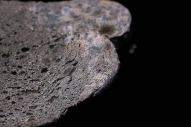 Siyah arka planda küflü beyaz ekmek. Siyah bir masada küflü ekmek dilimi