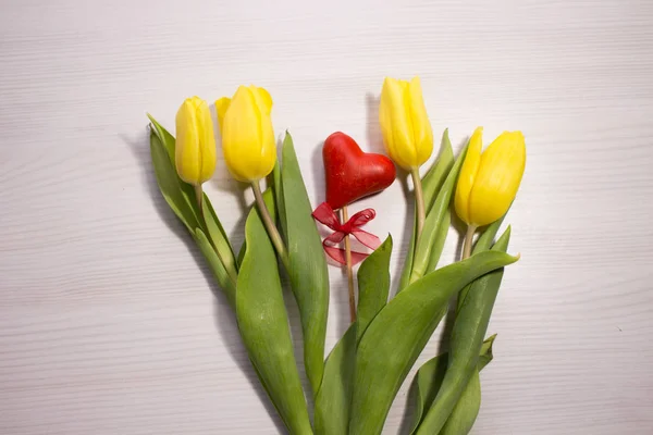 Flower tulip on white wooden background. Bouquet of the yellow tulip flowers. Valentines day concept, woman\'s day. Red gift box.