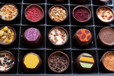 Çikolata ve cevizli şekerleme ile çeşitli tatlandırıcılar. El yapımı bir kutu çikolata. Gerçekçi çikolata seti, lezzetli tatlı deseni..