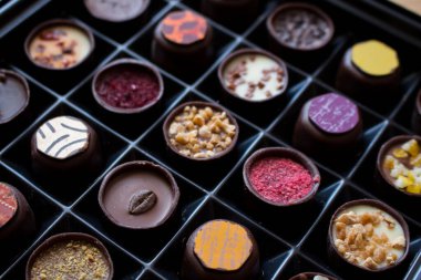 Çikolata ve cevizli şekerleme ile çeşitli tatlandırıcılar. El yapımı bir kutu çikolata. Gerçekçi çikolata seti, lezzetli tatlı deseni..