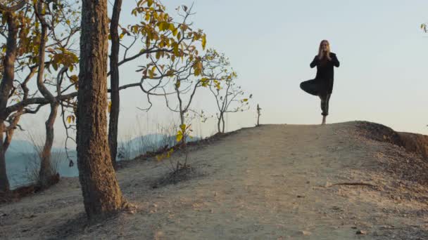 Toppen Leden Canyon Stiger Flickan Till Vrikshasana Träd Posituren Yoga — Stockvideo