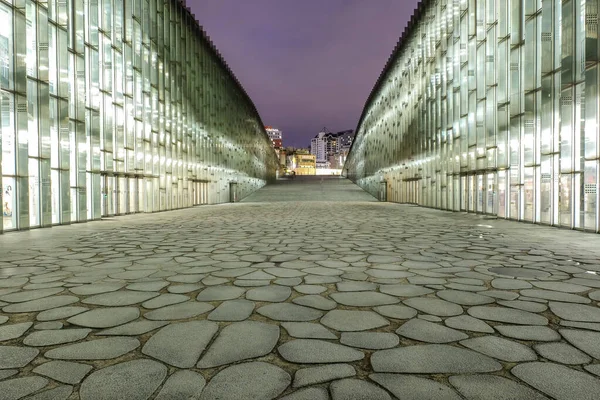 Seul Güney Kore - 10 Nisan 2019: Ewha Womans Üniversitesi ana kütüphane binası gece vakti - Güney Kore, Seul 'deki çok prestijli bir okul.